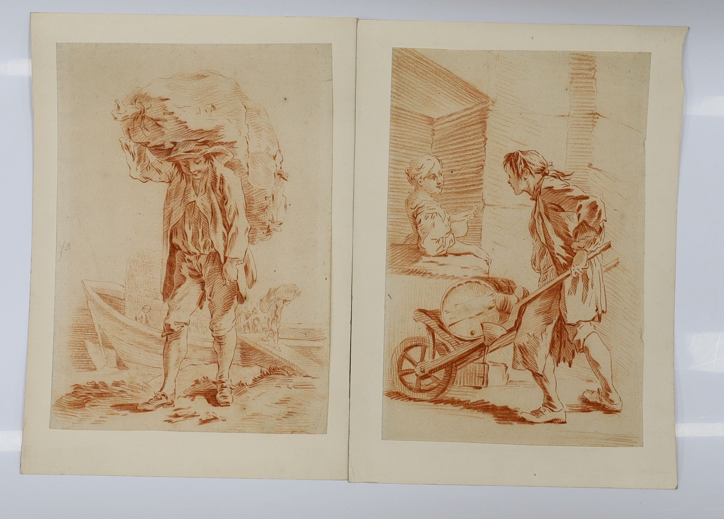 Attributed to Francois Boucher (French, 1703-1770), Porters unloading a barge and pushing a barrow, two sanguine chalk drawings on laid paper, 29 x 21cm, unframed